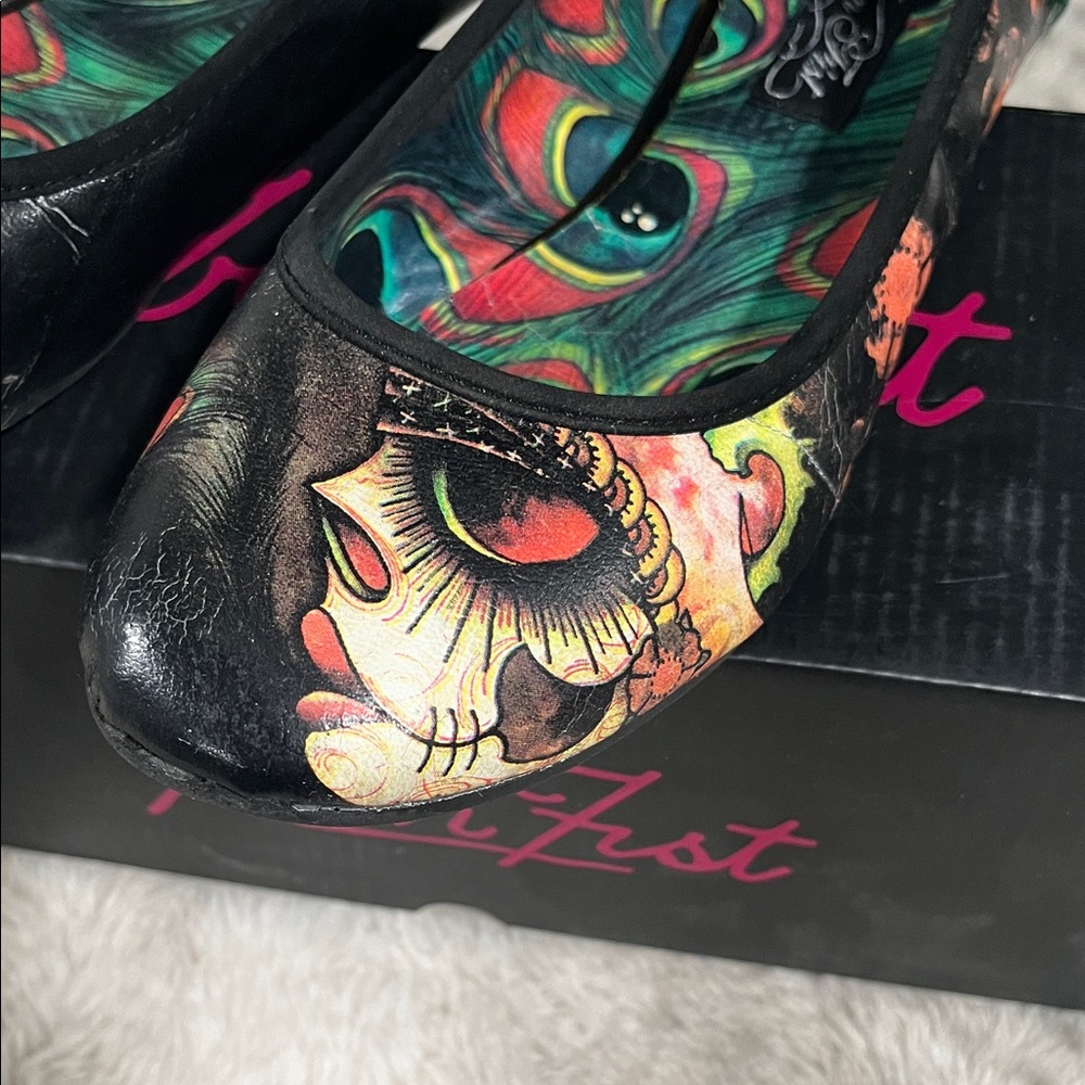 Iron Fist Black Multi Floral Skull Ballet Flats with Green Feather Accent - Picture 8 of 9